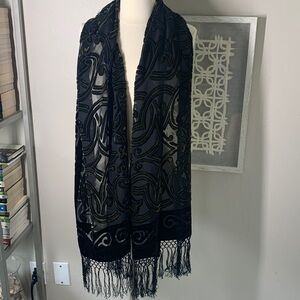 Black and green velvet burnout scarf with tribal design and fringe